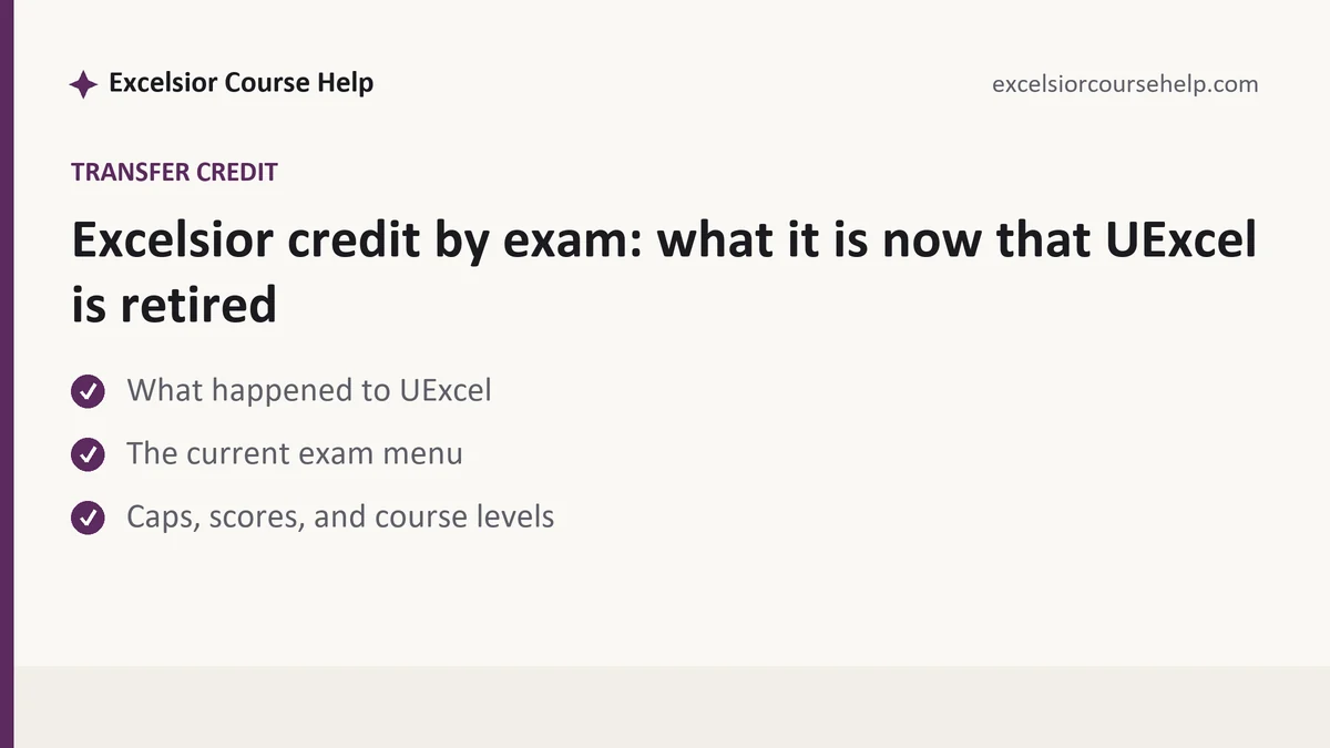 Excelsior credit by exam: what it is now that UExcel is retired, a Excelsior student guide, from Excelsior Tutorship
